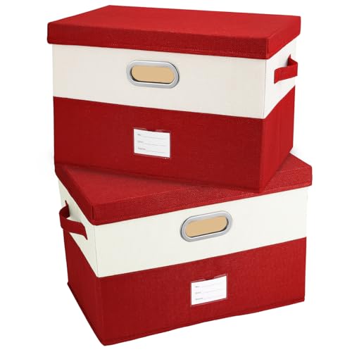 Image of Large Linen Fabric Foldable Storage Bins with Removable Lid and Handles, Washable Storage Box Organizer Containers Baskets Cube with Cover for Bedroom,Office(Red&Cream, Large(2-Pack))