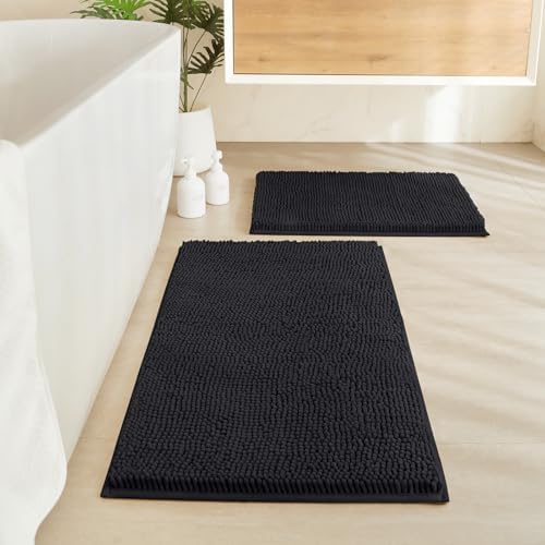 HOMEIDEAS 2 Pieces Bathroom Rugs, Non Slip Absorbent Chenille Toilet Bath Mat Set (Black)