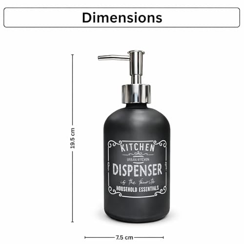 Image of Luxe Home International Kitchen Dispenser Print Glass Soap Dispenser for Bathroom and Kitchen Sink Leak Proof Liquid Hand Wash Round Bottle Lightweight Smooth Finish (19.5x7.5 cm Black) Pack of 1