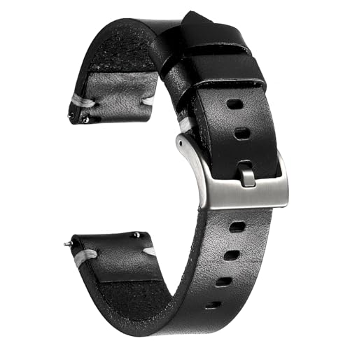 Berfine 20mm Leather Watch Band for Men Women, Vintage Handmade Quick Release Watch Strap Replacement, Thick Single layer, Black