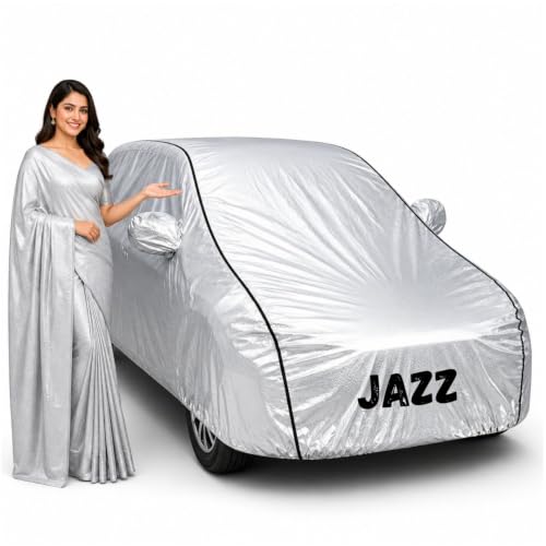 Image of Waterproof Car Body Cover for Jazz All Weather Protection Comes with Inner Cotton Lining & Triple Stitched with Mirror & Antenna Pocket Belt & Elastic Fit Metallic Silver with Black Piping1