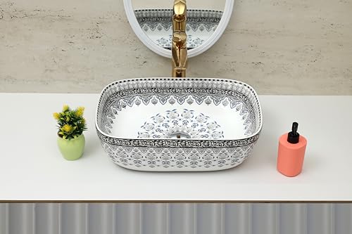 Image of Moroccan Design Ceramic Tabletop Wash Basin | Countertop Vessel Sink | Wash Basin over counter For Bathroom Hotel Home (18x13x5.5 Inch) (TORO 4014) (Moroccan Design 103)