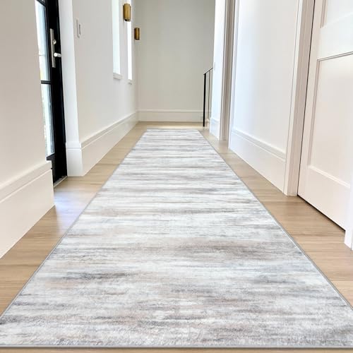 KOZYFLY Modern Abstract Kitchen Runner Rug, 2.6x12 Washable Rug Runner Non-Slip Soft Striped Hallway Runner Rugs, Beige Print Distressed Carpet Runner for Entryway Bathroom Laundry Room Foyer