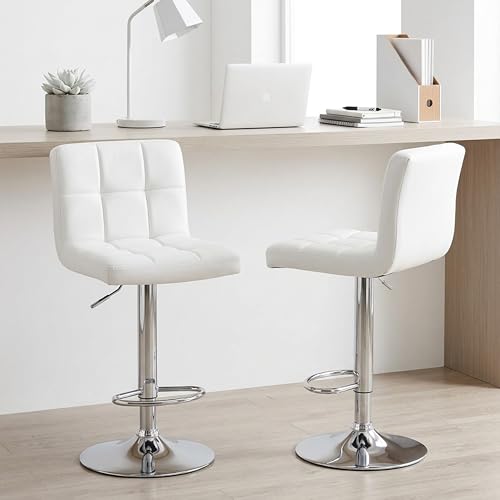Image of HealSmart Bar Stools Set of 2, 24 inch Counter Height Stools, Modern Upholstered Kitchen Island Chairs with Sturdy Metal Base, PU Leather Saddle Seat Barstools, White