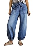 Sidefeel Jeans Women Trendy High Waisted Drawstring Stretchy Wide Leg Harem Jeans Barrel Loose Ankle Denim Pants Light Blue Size 16