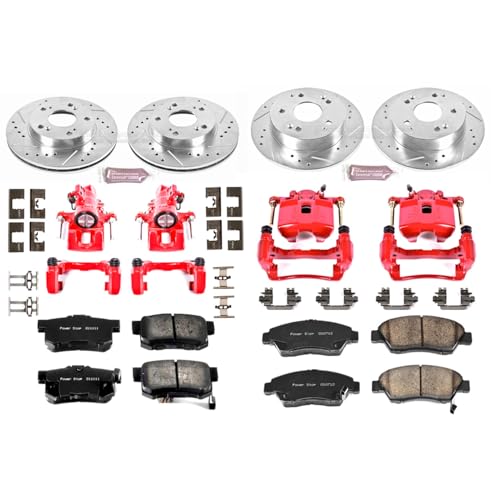 Image of PowerStop Front and Rear Brake & Caliper Kit for Acura RSX 2002-06 | Honda Civic 2004-05 - Carbon-Fiber Ceramic Brake Pads + Drilled & Slotted Rotors + Red Powder Coated Calipers, KC2387