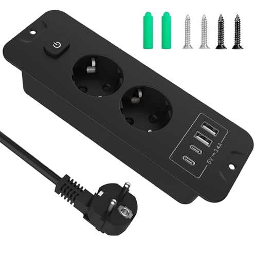 Multiprise escamotable 2 prises encastrées avec USB C PD 20 W, 4000 W, multiprise encastrée, prise de table avec 2 USB A et 2 prises de type C, multiprise,...