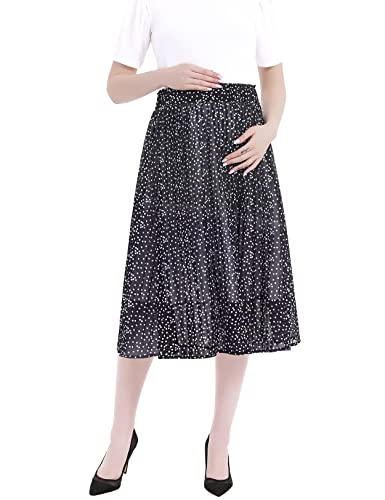 Bhome Maternity Skirt Pleated Swing Chiffon Pregnancy Midi Skirt Polka Dot A Line Maternity Dress Black With White Dots Small/Medium #TOP26