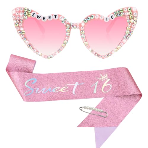 Sweet 16 Party Decorations, Birthday Sash & Glasses Set, Sweet 16 Gifts for Girls Sweet 16 Party Favors 16th Birthday Decorations for Girls