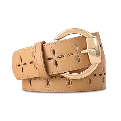 Women's Beige Leather Belt with Gold Buckle Hollow Pattern Women's Belt Stylish Accessory for Dresses, Skirts, and Jeans