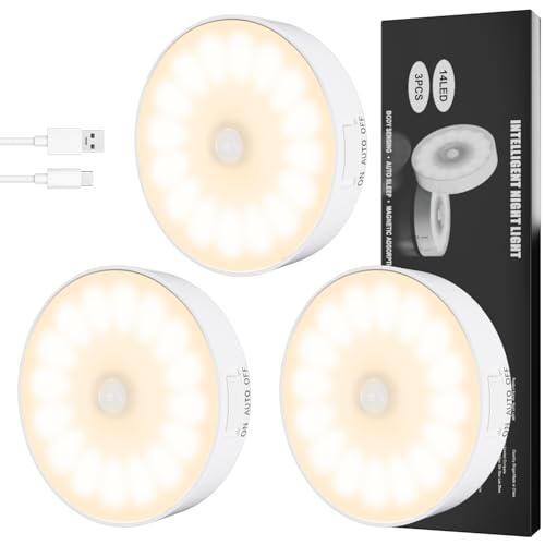 Electight 14 LEDs Veilleuse à Induction, 3 Pièce Veilleuse Détecteur de Mouvement, 3 Modes, Rechargeable par USB/Adsorption Magnétique, pour Armoires,...