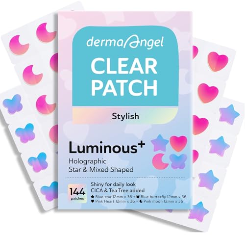 Star Pimple Patches for Face, Cute Acne Patches with Salicylic Acid, CICA & Tea Tree Oil, 144 Holographic Star Moon Heart Butterfly Patches, 7X Absorbency Pimple Patches for Teens (4 Designs, 36 Each)