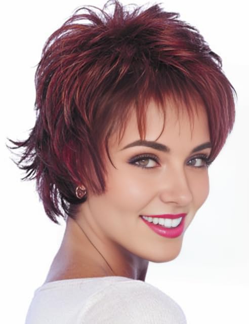 RENERSHOW Short Red Pixie Cut Wavy Wigs for White Women with Bangs Burgundy Highlight Synthetic Wig 6 Inch
