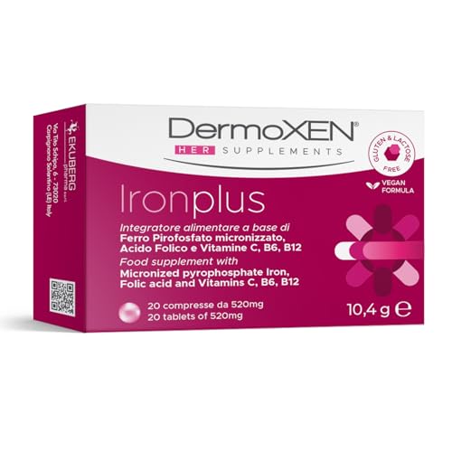 DERMOXEN Integratore Ferro con Acido Folico, Vitamina C e B12 – Ideale in Gravidanza e Allattamento – Senza Glutine e Lattosio – 20 Compresse