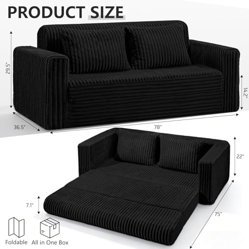 Image of HABUTWAY 78 inch Loveseat Boneless Couch, 4-in-1 Convertible Sofa Bed, Plush Fur Folding Futon Sofa Bed Couches with 2 Pillows for Living Room, High-Density Foam Support, No Assembly Required, Black