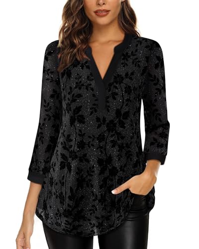 Image of Timeson Women's Short Sleeve V Neck Blouses Shirts Floral Double Layers Mesh Tunics Tops
