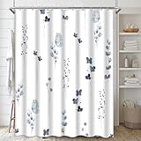 Boho Floral Shower Curtain Abstract Watercolor Blue Indigo Flowers Shower Curtain Modern Minimalist Cute Butterflies White Fabric Shower Curtain for Bathroom Decor Waterproof with Hooks, 72'x72'