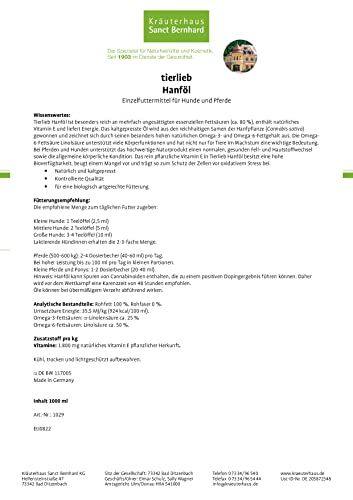 tierlieb Sanct Bernhard Hanföl | Für Hunde & Pferde | Natürlich & kaltgepresst | Mit Omega-3, Omega-6 & Vitamin E | Kontrollierte Qualität | 1000ml