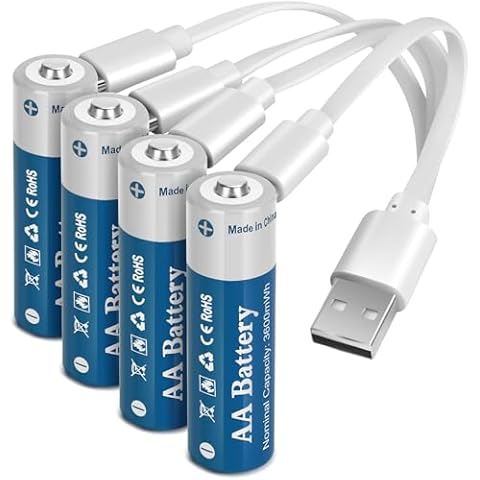 TOPUSSE 4 Pack Rechargeable Lithium AA Batteries 3600mWh with USB Charging Cable, Long-Lasting 1.5V Double A Battery for Household Devices, Blink Camera Cover