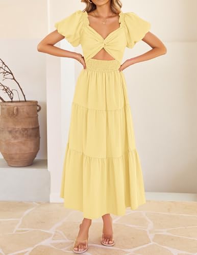 Image of ZESICA Womens Summer Casual Flowy Vacation Maxi Dress 2026 Short Puff Sleeve A Line Smocked Cutout Beach Party Dresses