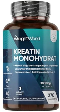 WeightWorld Creatin Monohydrat Tabletten - 3000mg pro Portion für 3 Monate | 270 Kreatin Vegan Tablets, Laborgeprüft, 3 Kreatin Monohydrat Tabletten pro Tag, Glutenfrei