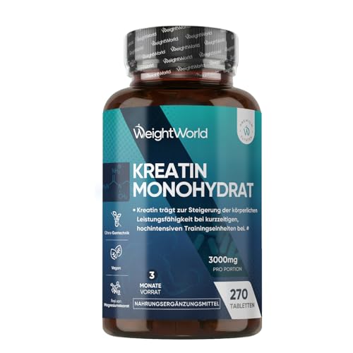 Creatin Monohydrat Tabletten - 3000mg pro Portion - Laborgeprüft - 270 Kreatin Vegan Tablets - 3 Monate Vorrat - Creatine - 3 Kreatin Monohydrat Tabletten pro Tag - Glutenfrei - WeightWorld