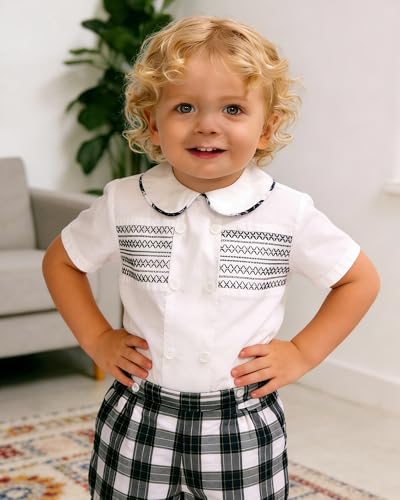 Image of Twoflower Smocked toddler boy outfits Summer Cotton Short Sleeve boys' button-down shirts Casual 2 piece Clothing Set
