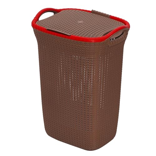 Image of Plastic Laundry Basket with Lid | 60L Extra Large Knit Hamper | Strong & Durable | Ideal for Bathroom, Bedroom & Kids Room | Multipurpose Cloth Storage Organiser | 36 x 46 x 61 cm | Dark Beige