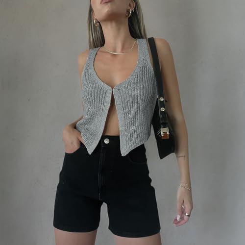 Women Y2k Crochet Vest Top Vintage Solid Color V Neck Sleeveless Button Down Crop Tops Streetwear (B-Grey, S)3