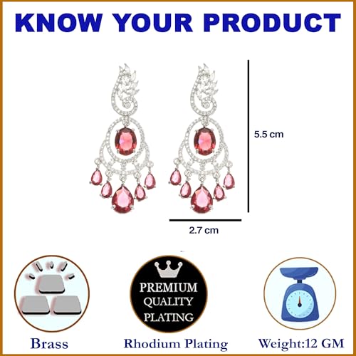 Image of ZENEME Rhodium-Plated American Diamond Studded Oval & Leaf Shaped Drop Earrings For Girls and Women
