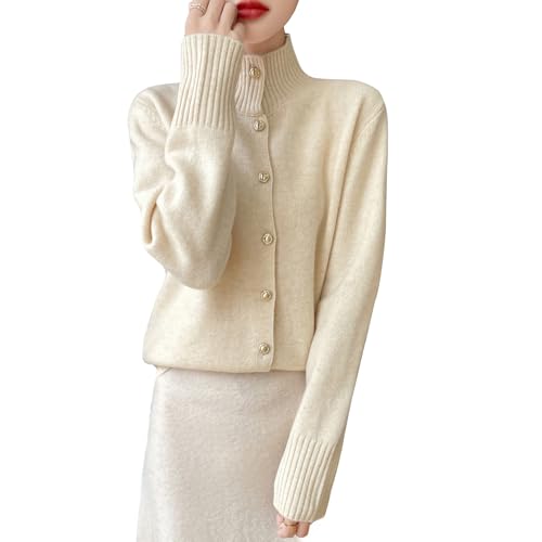 Women's Stand Collar 100% Merino Wool Sweater 2025 Spring Fall Solid Long Sleeve Knitted Cardigan Sweater