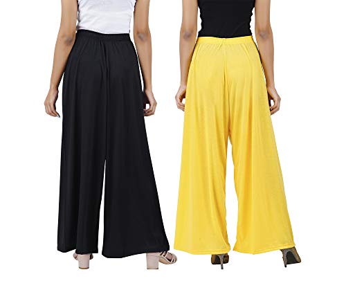 Image of Buy That Trendz M to 4XL Cotton Viscose Loose Fit Flared Wide Leg Palazzo Pants for Women Black Yellow Combo Pack of 2
