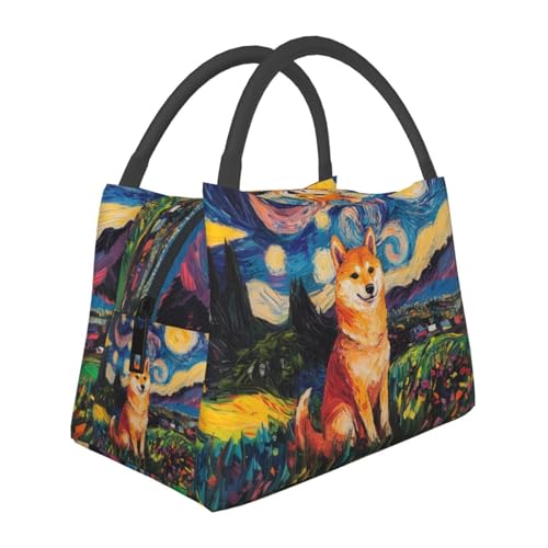 MIEPOS Shiba Inu Lunch Box with Starry Night Style Art Pattern for Girls and Adults,Lightweight Handbag with Zipper Closure,Portable Cosmetic Bag for School,Work,Office,Travel and Picnic Gifts