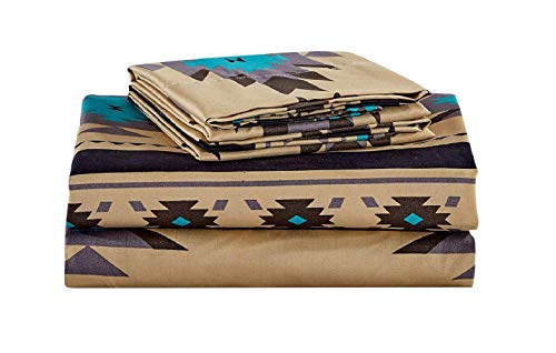 Chezmoi Collection Prescott 4-Piece Southwestern Geometric Tribal Multicolor Teal Beige Black Gray Sheet Set, King Size #TOP1