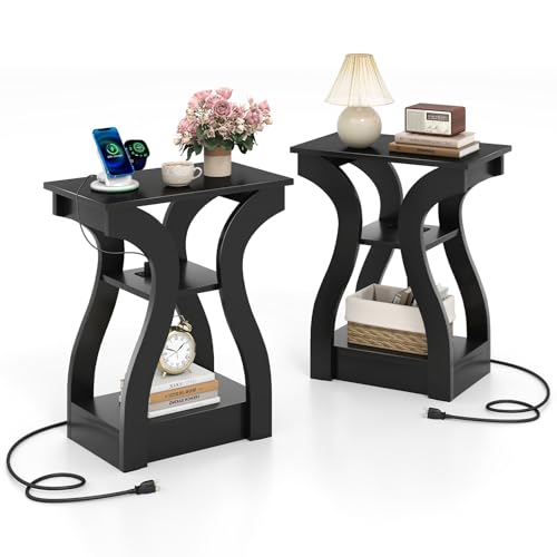 COSTWAY Tables de Chevet avec Prise Lot de 2, Tables de Nuit Design Unique, 3 Étagères Ouvertes, Chevet de Lit pour Salon, Chambre, Noir (Noir)
