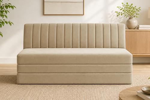 Image of 3-Seater Foldable Floor Sofa Bed with, Modern Velvet Fabric Folding Couch for Living Room, Guest Room & Small Spaces-Golden