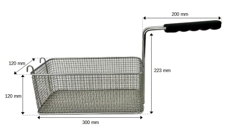 FCR0250 – Cesta para freidora profesional con ganchos. Medidas: 120 x 300 x 120 mm. De acero cromado. Fabricado en Italia. Cesta freidora de acero