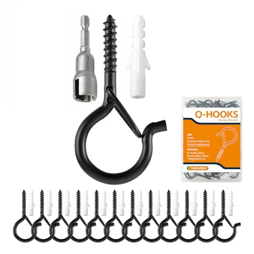 TAIHUIMY Screw Hooks Q-Hanger Hooks for Outdoor String Lights, Christmas Rope Lights Clips, Wall Cabinet Ceiling Eye Hook with Safety Buckle for Wire Party Light Plants Wind Chimes (Black, 40PCS)