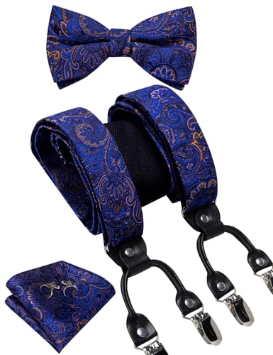Image of DiBanGu Paisley Bow Tie and Supenders for Men Tuxedo Heavy Duty 6 Clips Suspender Adjustable Y-Shape Mens Trouser Braces
