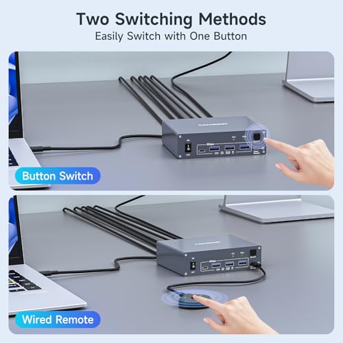 USB C KVM Switch 2 Monitors 2 Computers 4K@60Hz, Dual Monitor HDMI KVM Switch Docking Station for Laptop & Desktop Share two monitor and 4 USB3.0 Ports, 80W PD Charging, with Wired Remote,USB C Cable - Image 7