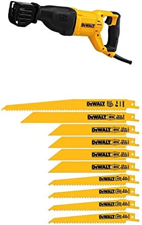 DEWALT DWE305 12 Amp Corded Reciprocating Saw with DW4898 Bi-Metal Reciprocating Saw Blade Set with Case, 10-Piece
