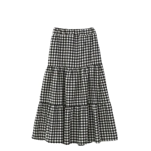 Women's Ankle-Length Plaid Skirt, Cotton and Linen Elastic Waist Layered Pleated Skirt