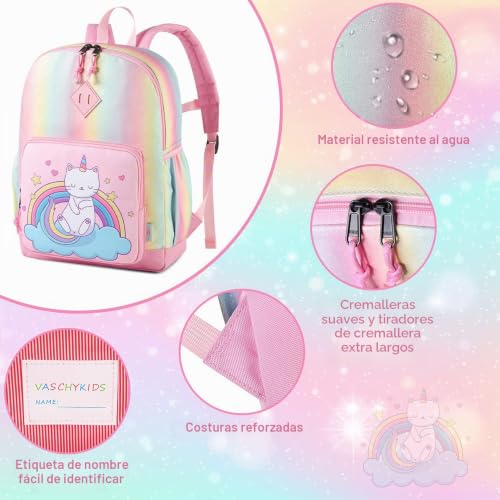 Miniatura 4 de Vaschy Mochila Niña, Mochilas Escolares Mochila Infantil 4-6 Años Para Escolar Ajustar Carpeta A4 Con Bolsillos Laterales Y Correa En Pecho Gato