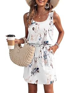 WNEEDU Sommerkleid Damen Ärmellose Strandkleid U Ausschnitt Kordelzugkleid Luftiges Kleid Sommer mit Taschen Florales Weiß M