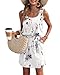 WNEEDU Sommerkleid Damen Ärmellose Strandkleid U Ausschnitt Kordelzugkleid Luftiges Kleid Sommer mit Taschen Florales Weiß M