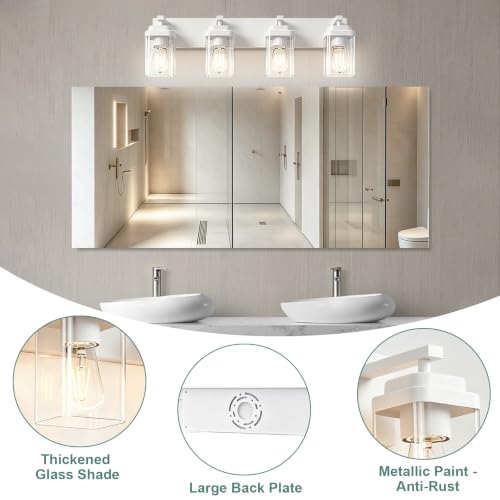 Image of White Bathroom Light Fixtures, 4 Lights Bathroom Lighting Fixtures Over Mirror, Square Design & Rectangle Large Backplate, Modern Vanity Lighting Fixtures, for Bathroom /Living Room /Bedroom