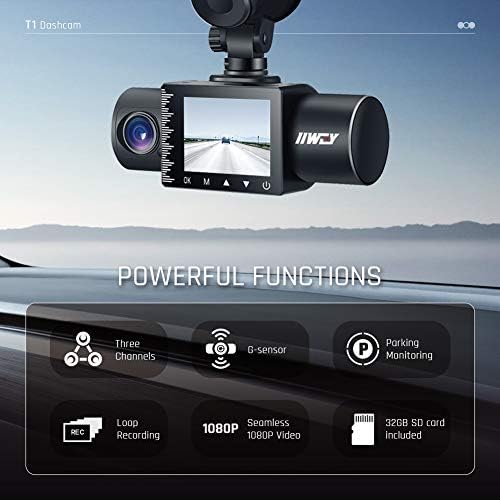 iiwey Dash Cam Front Rear and Inside Three Channels 1080P with IR Night Vision, Car Camera SD card included, Dashboard Camera Dashcam for Cars 170 Wide Angles, HDR, Motion Detection and G-sensor