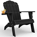 YEFU Oversized Adirondack Chair with Cup-Holder,Plastic Outdoor Fire Pit Chair, Weather Resistant, Poly Lumber Chair, Used in Patio, Lawn, Deck,Heavty Duty,Weight Capacity 450lbs-Black