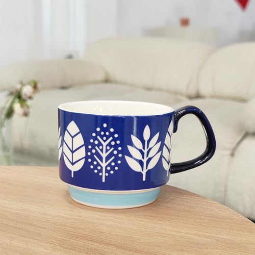 Image of Spooky Japanese Retro Ceramic Coffee Mug - 300ml Printed Stackable Cup with Handle - Hanging Design for Milk, Tea & Espresso - Ideal Gift for Couples, Home or Cafe (Blue & White - Tree)