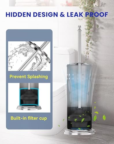 Image of Dowry Toilet Plunger with Holder for Bathroom Silver | Hidden Toilet Bowl Cleaners Long Handle with Cover Powerful Force Suction Cup Heavy Duty Deep Cleaning